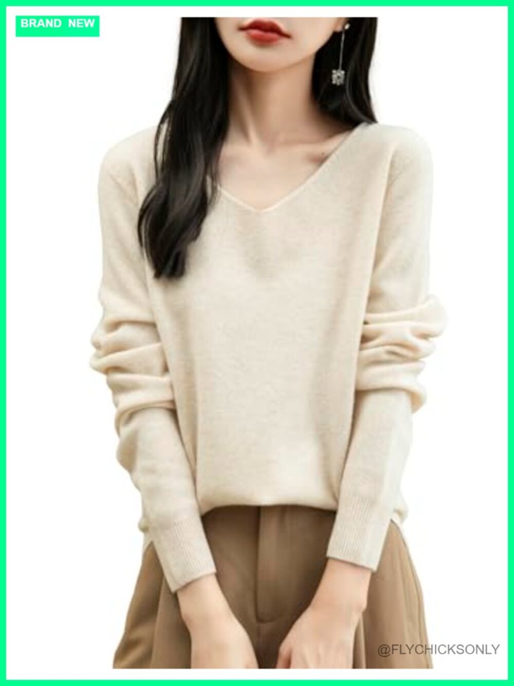 100% Merino Wool V Neck Seamless Knit Long Sleeve Pullover Sweater